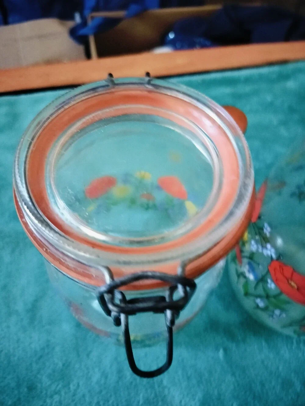2 Vtg ARC France Glass Jar Canisters Summer Flowers Poppy Flowers, 1L & 1.5L
